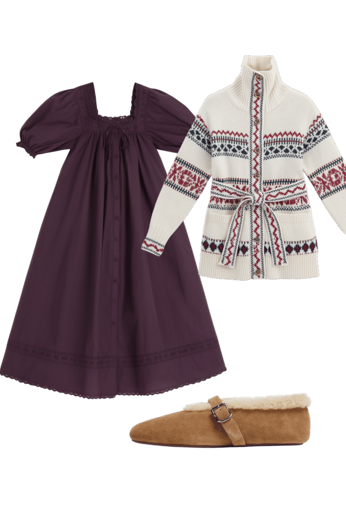 Cozy autumn outfit plum purple dress cream nordic pattern cardigan and tan shearling slippers Fall sets for every kind of sleeper tldr pick pajamas by how you sleep not by the print Hot sleepers gauze short sleeves or a light nightgown Cold sleepers long sleeves and full length pants Shop your sleep drawer first and keep what you actually reach for Torn between two sets Poll them in the adjust  adjust my crown