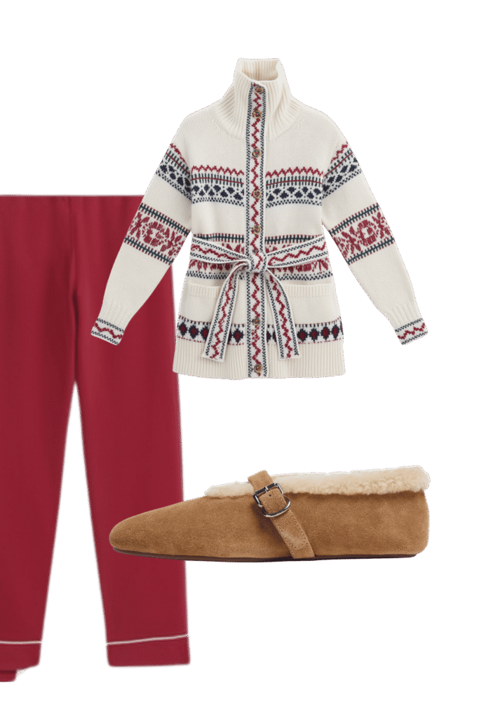 Cream nordic pattern cardigan with belt paired with burgundy pants and tan shearling lined slippers a cozy winter ensemble Fall sets for every kind of sleeper tldr pick pajamas by how you sleep not by the print Hot sleepers gauze short sleeves or a light nightgown Cold sleepers long sleeves and full length pants Shop your sleep drawer first and keep what you actually reach for Torn between two sets Poll them in the adjust  adjust my crown