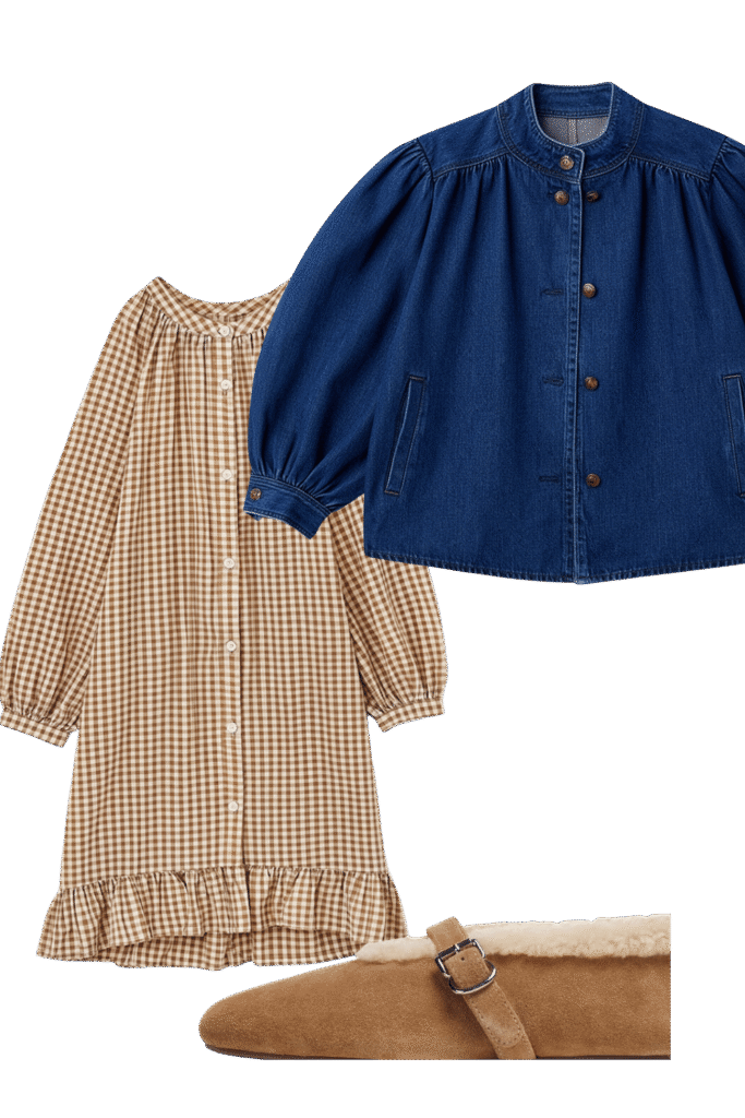 Outfit ensemble brown gingham dress with long sleeves and ruffled hem a blue denim jacket and tan shearling lined mule shoes fall sets for every kind of sleeper tldr pick pajamas by how you sleep not by the print Hot sleepers gauze short sleeves or a light nightgown Cold sleepers long sleeves and full length pants Shop your sleep drawer first and keep what you actually reach for Torn between two sets Poll them in the adjust  adjust my crown