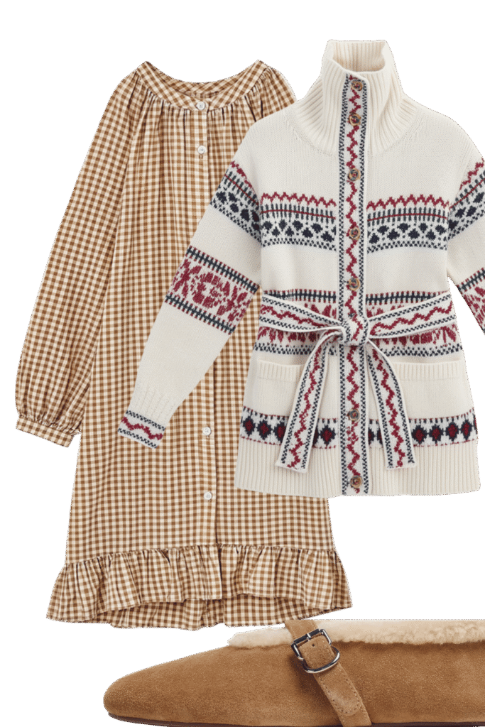 Womens fall outfit brown gingham button down dress with ruffled hem cream nordic knit cardigan with belt and tan shearling lined slippers Fall sets for every kind of sleeper tldr pick pajamas by how you sleep not by the print Hot sleepers gauze short sleeves or a light nightgown Cold sleepers long sleeves and full length pants Shop your sleep drawer first and keep what you actually reach for Torn between two sets Poll them in the adjust  adjust my crown