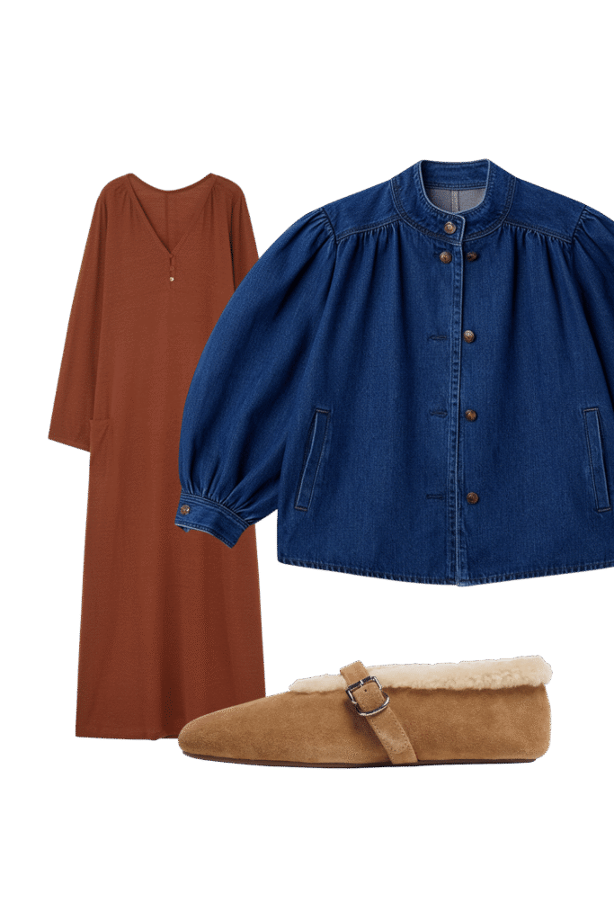 Outfit rust colored long sleeve v neck dress with a blue denim jacket and tan shearling lined loafers Fall sets for every kind of sleeper tldr pick pajamas by how you sleep not by the print Hot sleepers gauze short sleeves or a light nightgown Cold sleepers long sleeves and full length pants Shop your sleep drawer first and keep what you actually reach for Torn between two sets Poll them in the adjust  adjust my crown