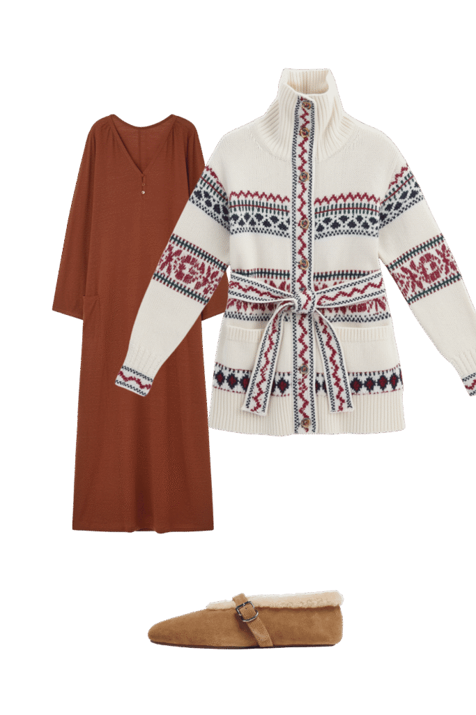 Outfit ensemble rust colored long sleeve midi dress cream patterned cardigan with belt and tan slippers with fur lining Fall sets for every kind of sleeper tldr pick pajamas by how you sleep not by the print Hot sleepers gauze short sleeves or a light nightgown Cold sleepers long sleeves and full length pants Shop your sleep drawer first and keep what you actually reach for Torn between two sets Poll them in the adjust  adjust my crown