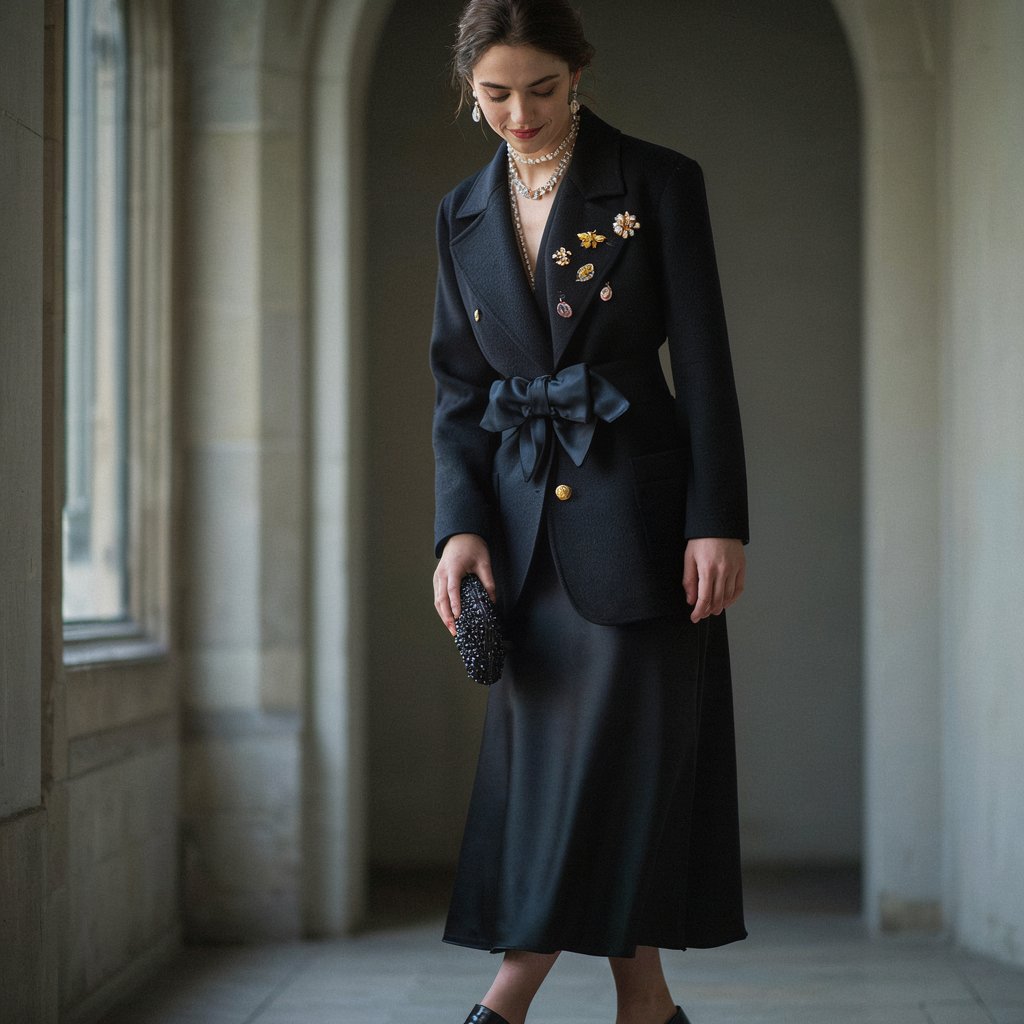 Woman in a black blazer with a bow at the waist wearing pearls and decorative brooches holding a beaded clutch in a stone hallway tldr yes you can repeat a winter wedding guest dress In one poll 71 of adults said they wouldnt notice The more of the same guests the more you change Swap the belt shoes and earrings and top your winter wedding guest outfit with velvet or satin Poll two looks crown the winner and note  adjust my crown