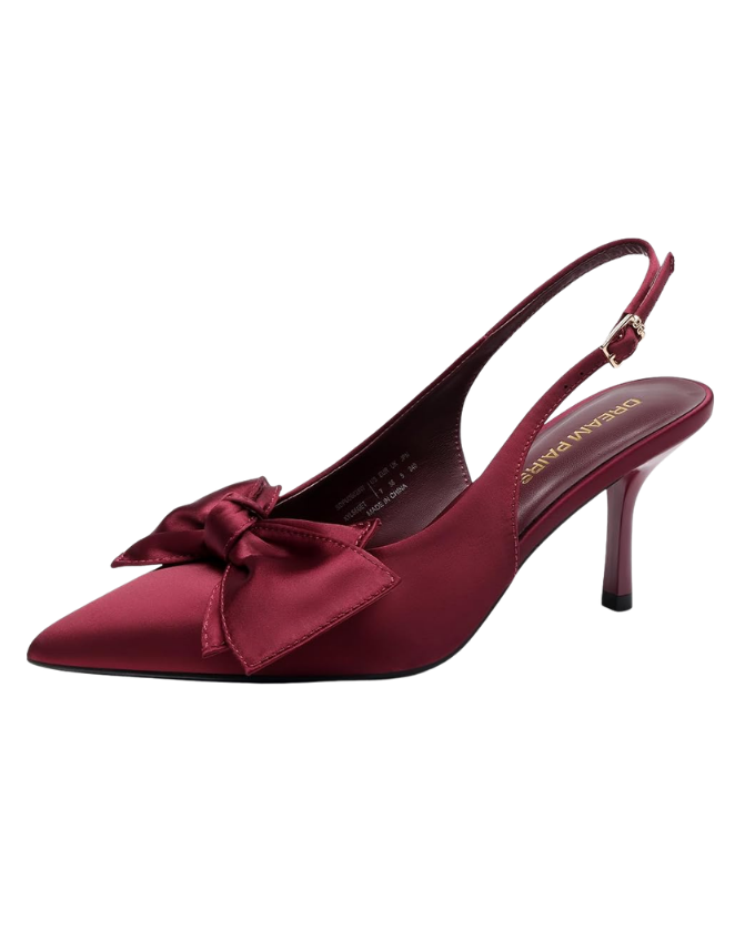 Burgundy satin slingback heel with a bow on the toe and a slim mid height heel Tldr yes you can repeat a winter wedding guest dress In one poll 71 of adults said they wouldnt notice The more of the same guests the more you change Swap the belt shoes and earrings and top your winter wedding guest outfit with velvet or satin Poll two looks crown the winner and note  adjust my crown