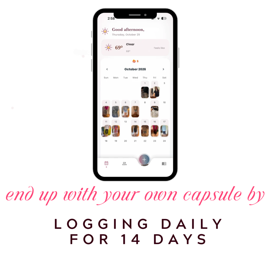 This is an image of an app screen that is a wardrobe app called adjust my crown It shows you how you can log your daily looks in a month and end up with your own capsule wardrobe easily Tldr your capsule wardrobe is what you actually wear not a list you copy Log one mirror photo a day for 14 days then sort the pieces into repeats once and never Your repeats are your capsule A new piece is in if you reach for it Cant wait Keep what matches how you want  adjust my crown