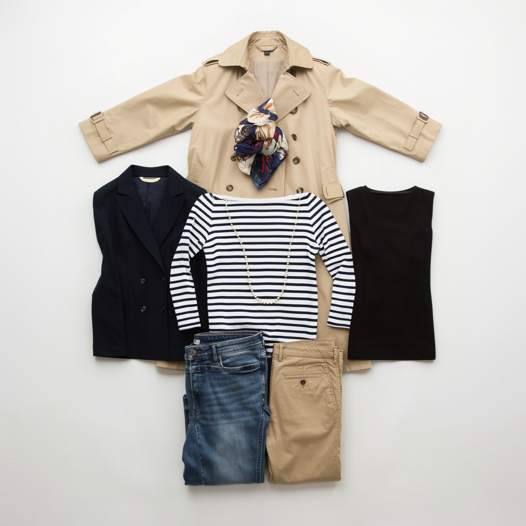 Flat lay of womens outfits beige trench coat with scarf navy blazer striped top with pearls black dress blue jeans and khaki shorts Tldr your capsule wardrobe is what you actually wear not a list you copy Log one mirror photo a day for 14 days then sort the pieces into repeats once and never Your repeats are your capsule A new piece is in if you reach for it Cant wait Keep what matches how you want  adjust my crown