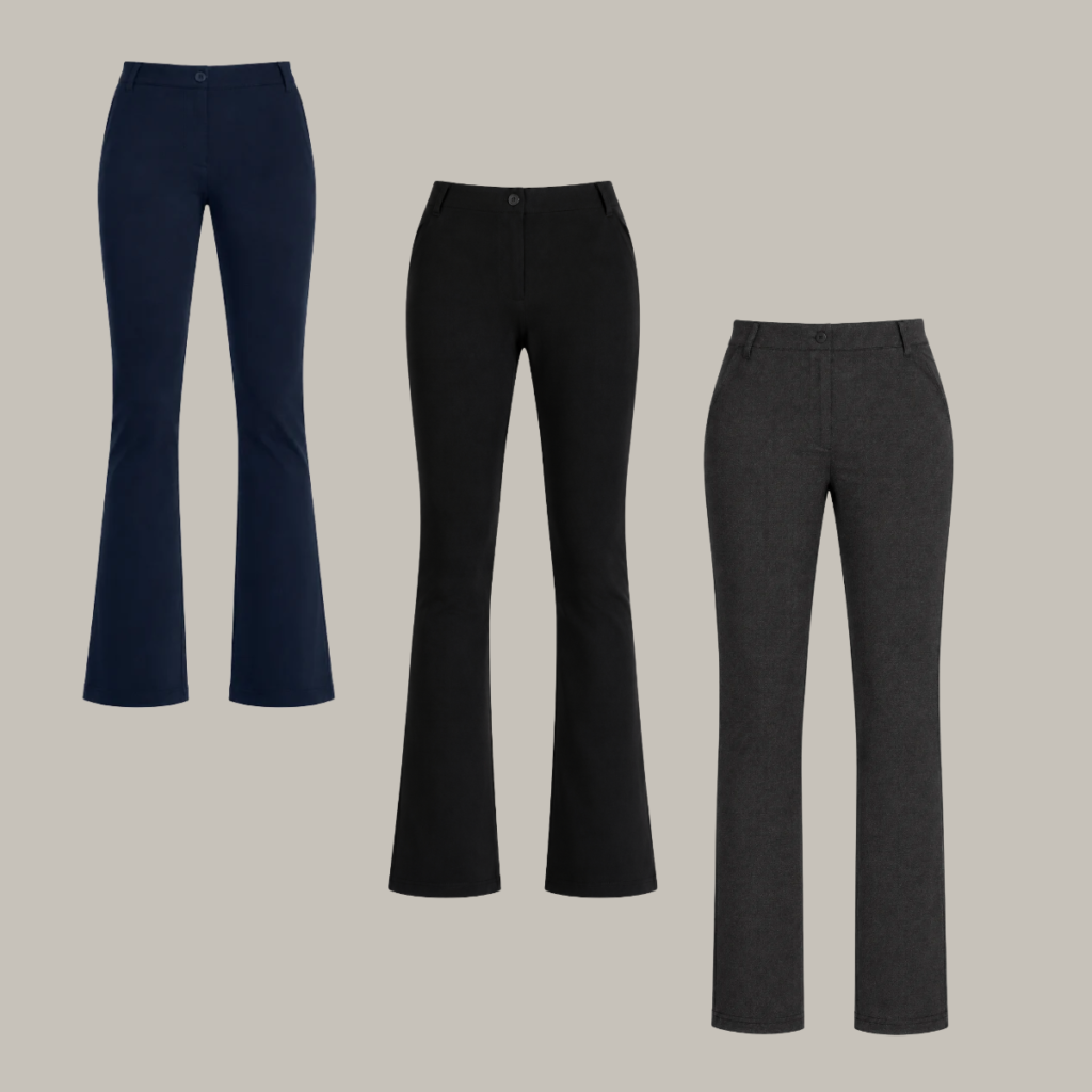 Three womens pants in navy flare leg black bootcut and dark gray straight leg styles Tldr winter work outfits are easier with seven closet staples kick crop pants office shoes in the same color a button down a merino sweater a third piece weatherproof boots and a work tote Pair the pants and shoes in one color then build the top half around a button down and a merino sweater with a  adjust my crown
