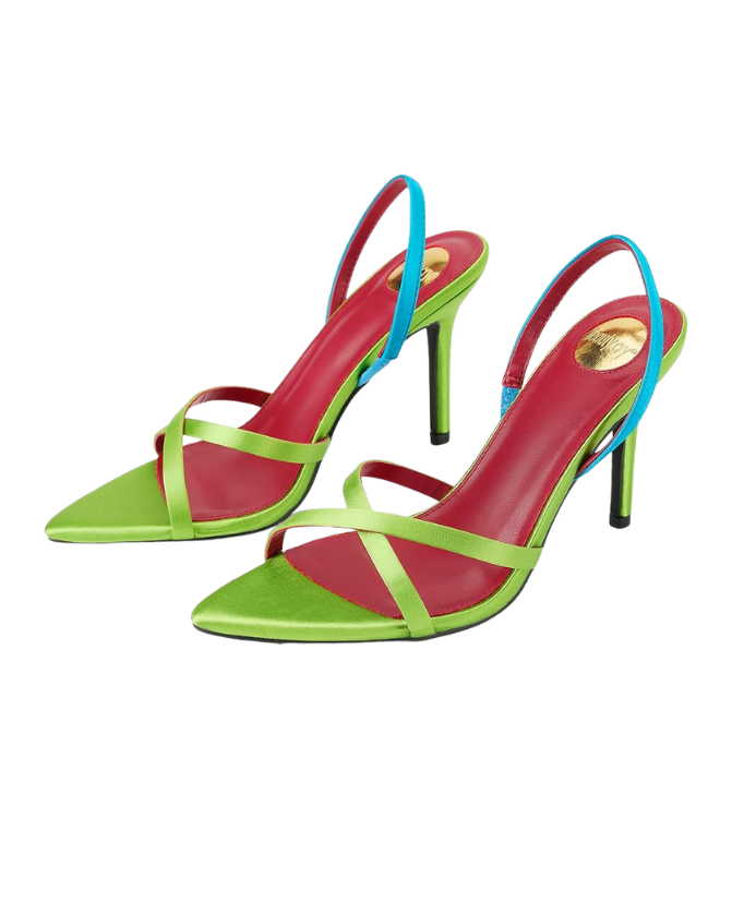 Neon green high heeled sandals with pink footbeds and blue ankle straps on a plain background Tldr yes you can repeat a winter wedding guest dress In one poll 71 of adults said they wouldnt notice The more of the same guests the more you change Swap the belt shoes and earrings and top your winter wedding guest outfit with velvet or satin Poll two looks crown the winner and note  adjust my crown