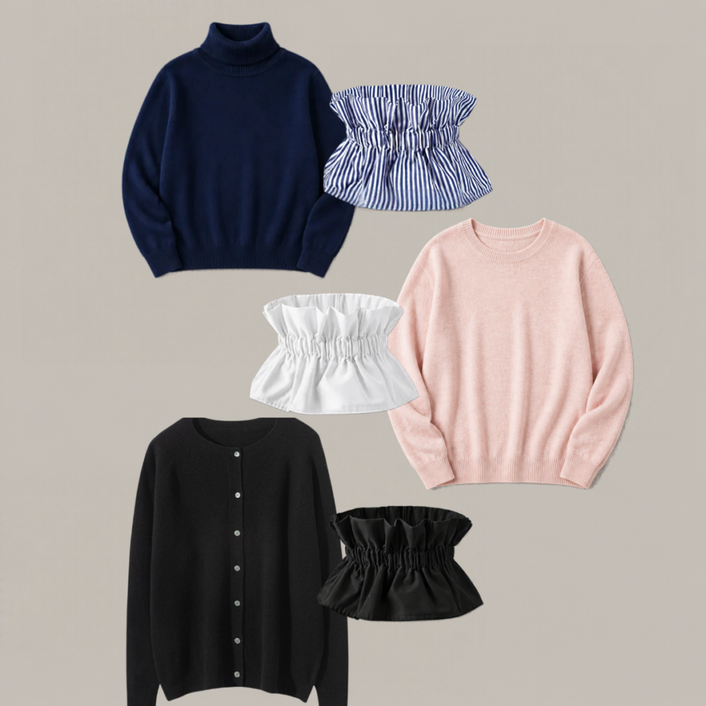Collage of five womens knitwear pieces navy turtleneck sweater pale pink crewneck sweater black button front cardigan white ruched collar accessory and blue striped ruched collar accessory Tldr winter work outfits are easier with seven closet staples kick crop pants office shoes in the same color a button down a merino sweater a third piece weatherproof boots and a work tote Pair the pants and shoes in one color then build the top half around a button down and a merino sweater with a  adjust my crown