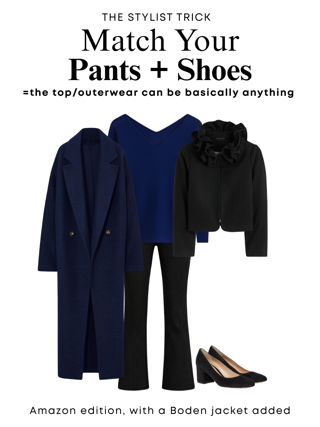Navy long coat with a blue v neck sweater black flared pants a black ruffled collar jacket and black heels laid out as a coordinated outfit Tldr winter work outfits get tricky because of layers unpredictable office temperatures and the commute If you insist on a formula try a monochrome base kick crop pants and matching shoes a merino sweater in your best neckline a third piece and your weather layer Accessories after that to show who you are The best  adjust my crown