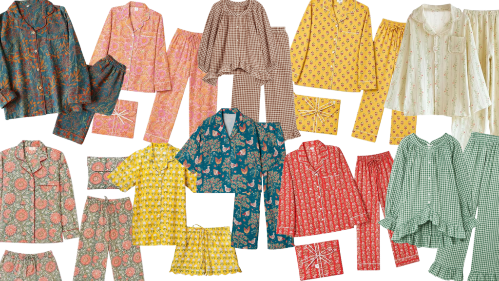 Collage of assorted pajama sets and sleepwear in floral, gingham, and bright patterns, including tops, bottoms, and shorts in various colors.