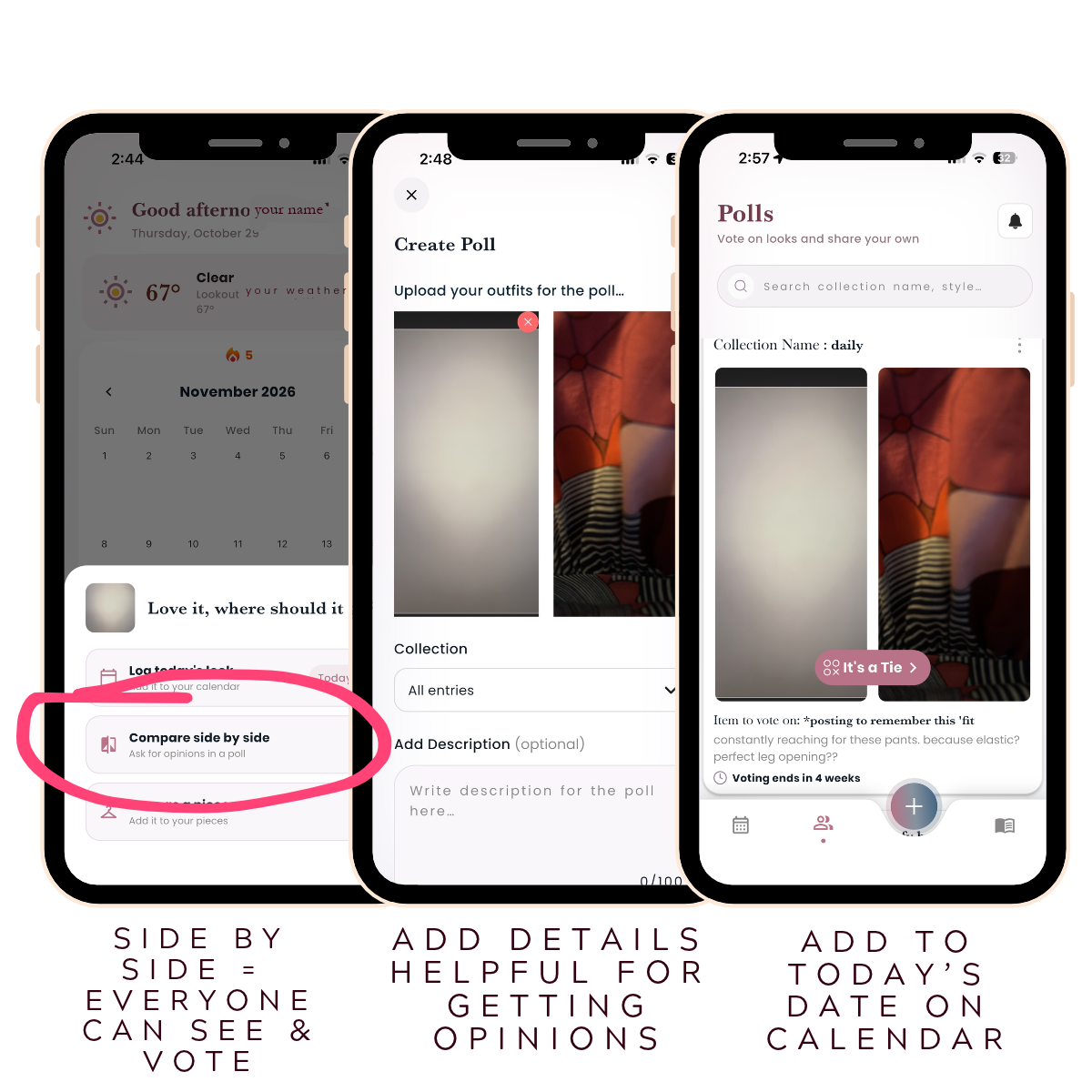 This shows three screens of a user using the app adjust my crown to post a poll which is a safe social media alternative to most wardrobe apps and most social media apps The app allows you to save your wardrobe style better look better dress better and shop better In these screens the user is creating a side by side poll Side by side polls help you compare two items Tldr your capsule wardrobe is what you actually wear not a list you copy Log one mirror photo a day for 14 days then sort the pieces into repeats once and never Your repeats are your capsule A new piece is in if you reach for it Cant wait Keep what matches how you want  adjust my crown
