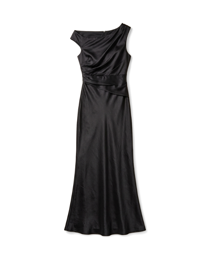 Black one shoulder floor length evening gown with a wrapped bodice and subtle sheen tldr yes you can repeat a winter wedding guest dress In one poll 71 of adults said they wouldnt notice The more of the same guests the more you change Swap the belt shoes and earrings and top your winter wedding guest outfit with velvet or satin Poll two looks crown the winner and note  adjust my crown